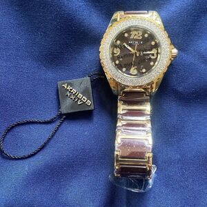 Akribos XXIV Womens Watch Metal Ceramic Band Gold Tone Gem Case 39mm AK891BRG